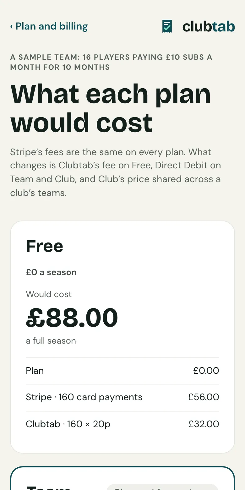 What each plan would cost a sample team of 16 players, on a phone.