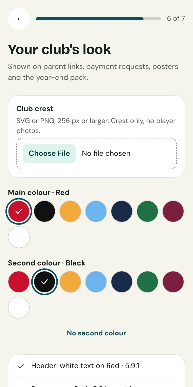 Your club's look on a phone: the crest, then the main and second colours.