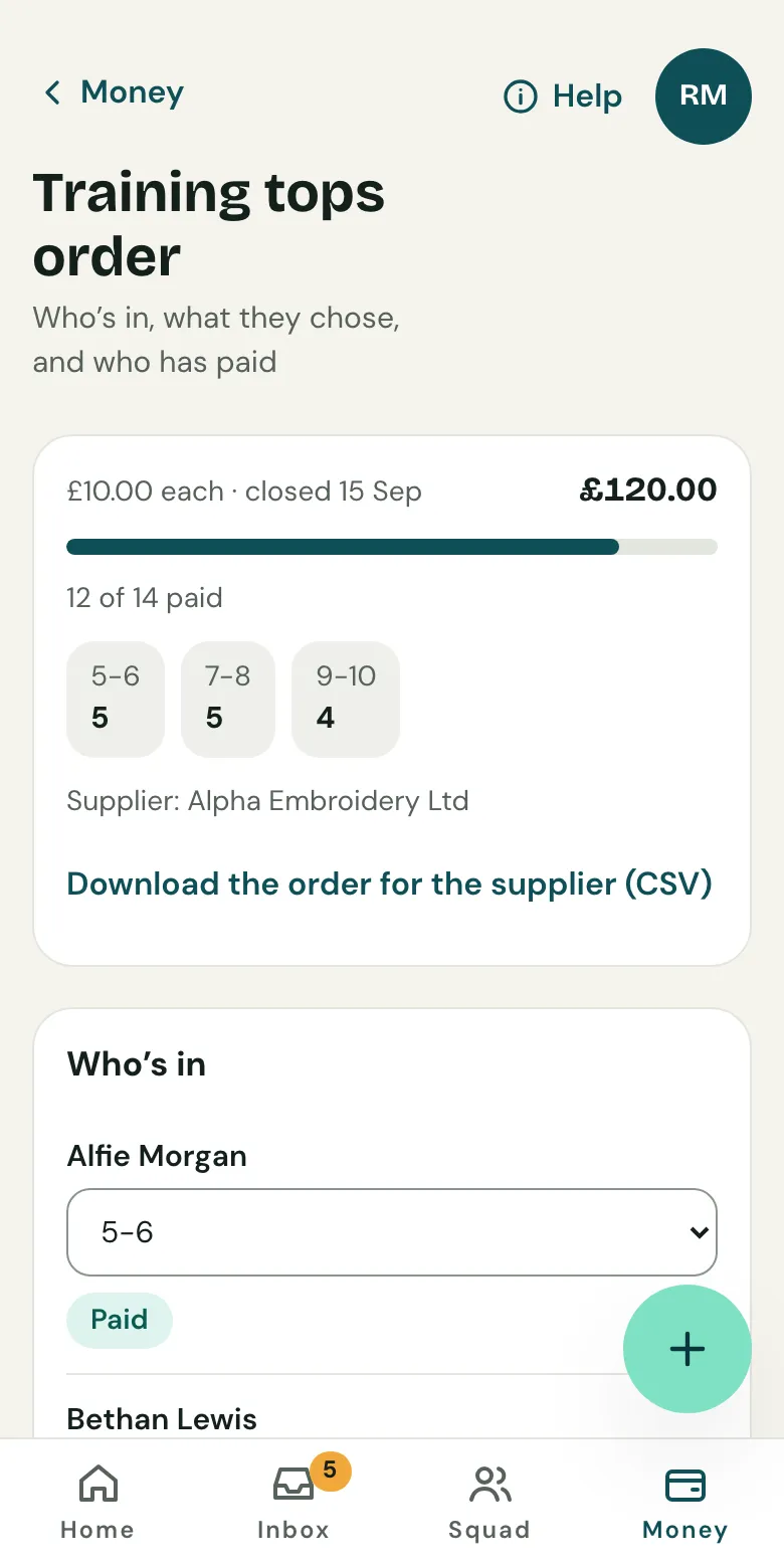 A kit collection on a phone: each child, the size they chose, and whether they've paid.