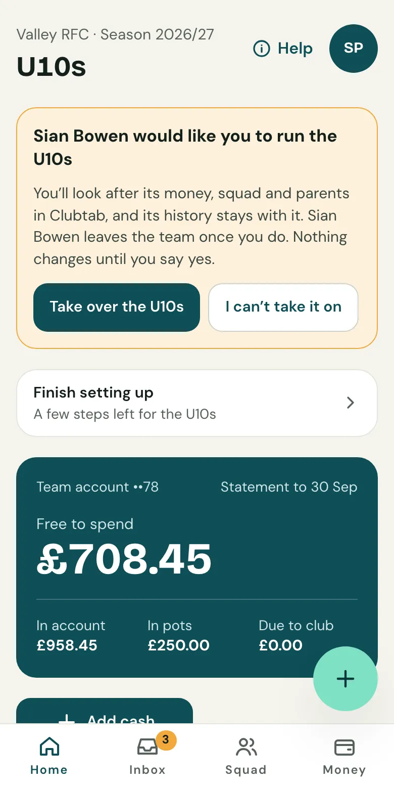The offer on a team’s home: Sian Bowen would like you to run the U10s, with Take over the U10s and I can’t take it on.