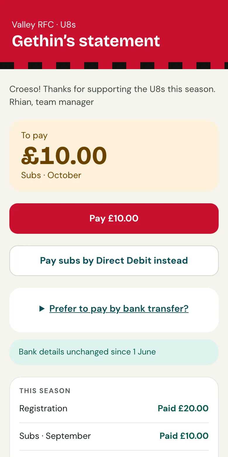 Gethin’s statement in Valley RFC’s colours on a phone: £10.00 of October subs to pay, with Pay £10.00, Pay subs by Direct Debit instead, and Prefer to pay by bank transfer?