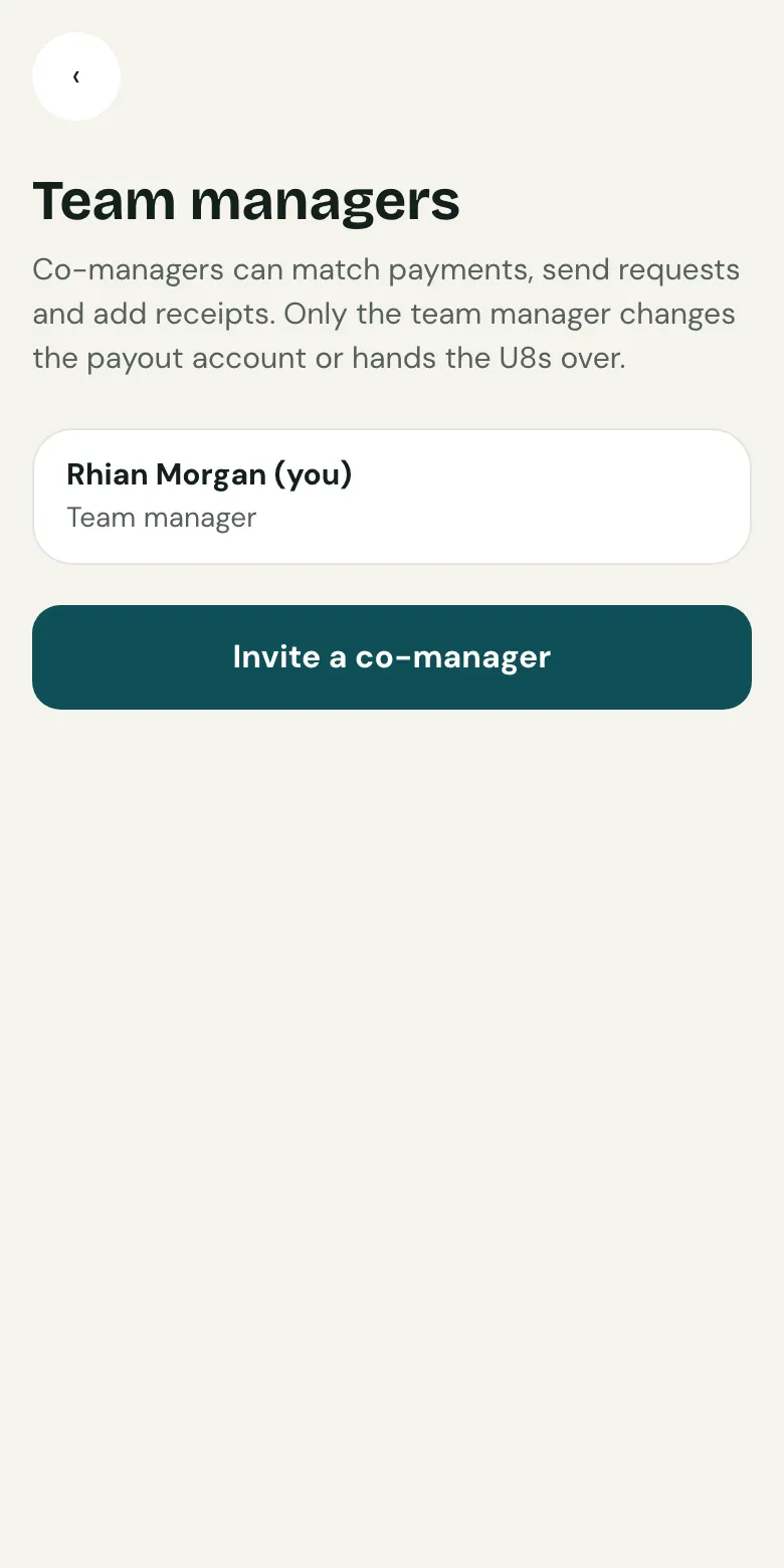 The Team managers page on a phone, listing Rhian Morgan as team manager, with Invite a co-manager.