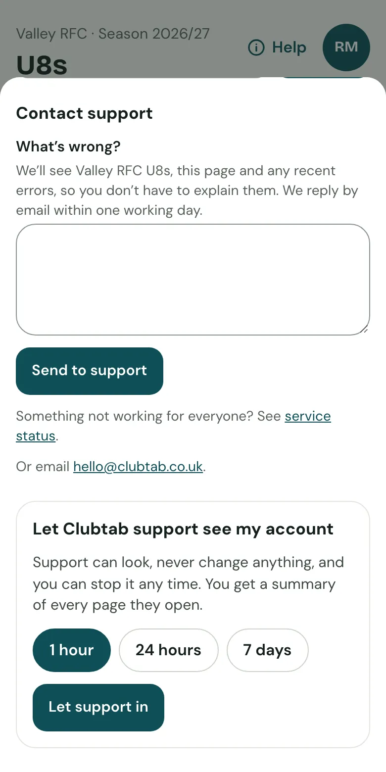 The Help panel on a phone: Contact support, then Let Clubtab support see my account, for 1 hour, 24 hours or 7 days.