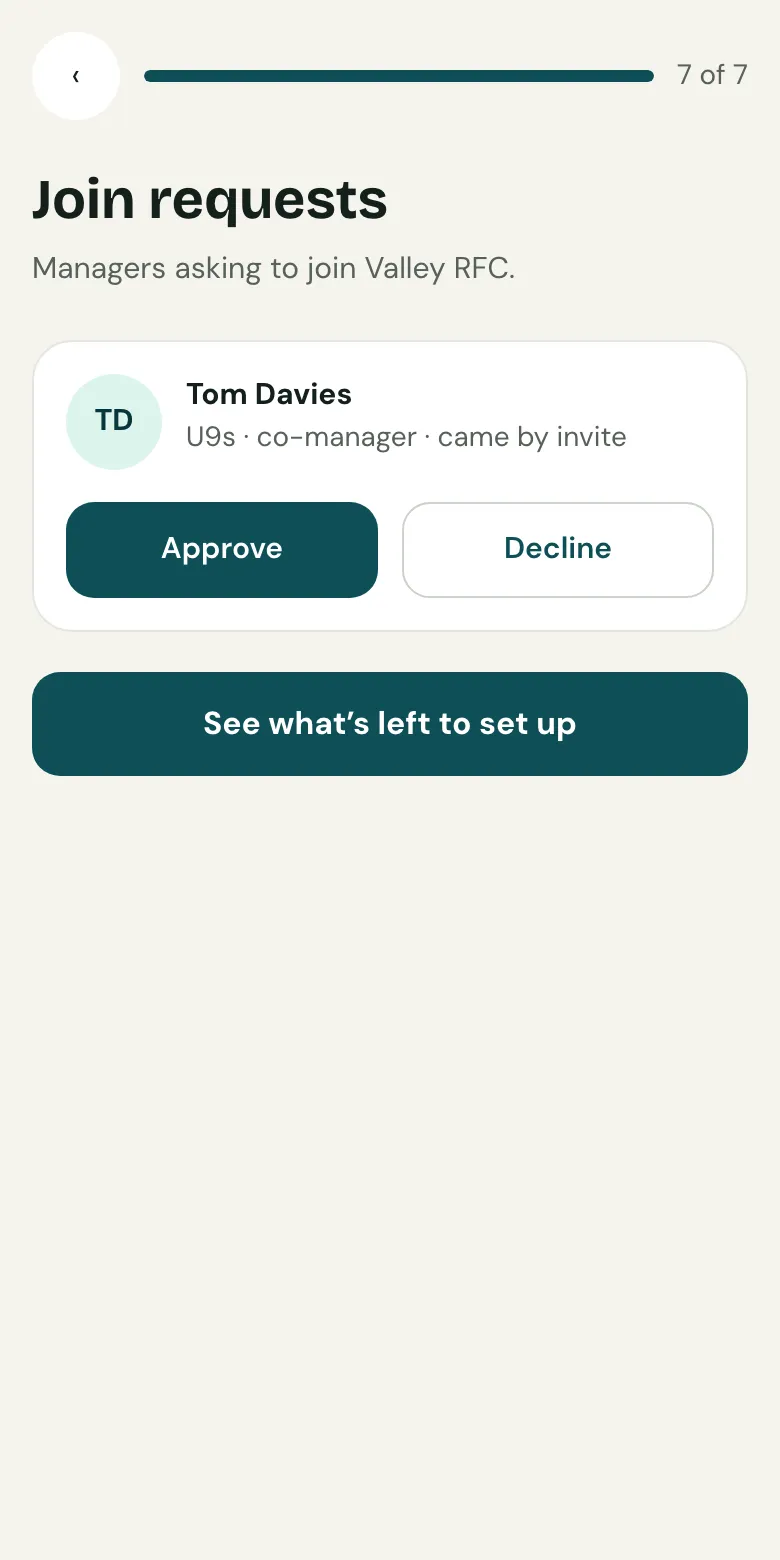 Join requests on a phone, with Approve and Decline for each manager asking to join.
