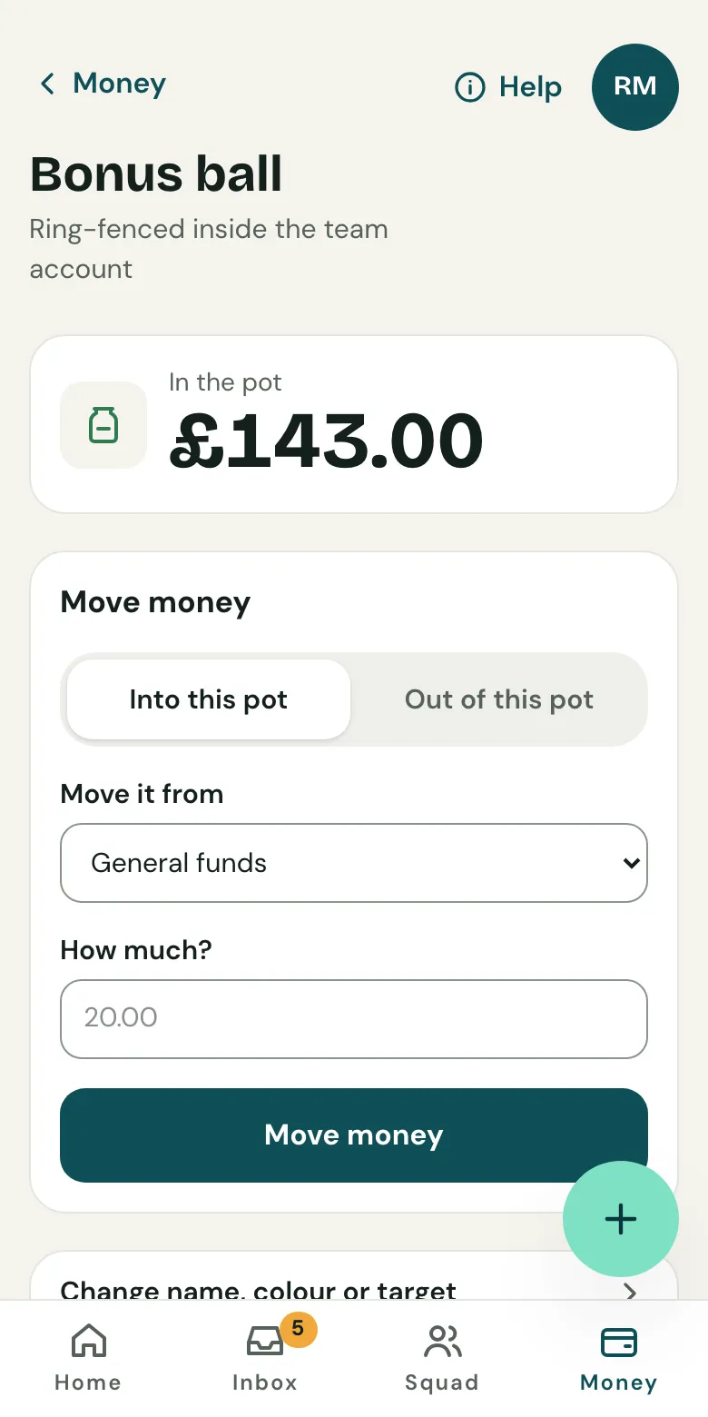 A pot on a phone: what's in it, and moving money into or out of it.