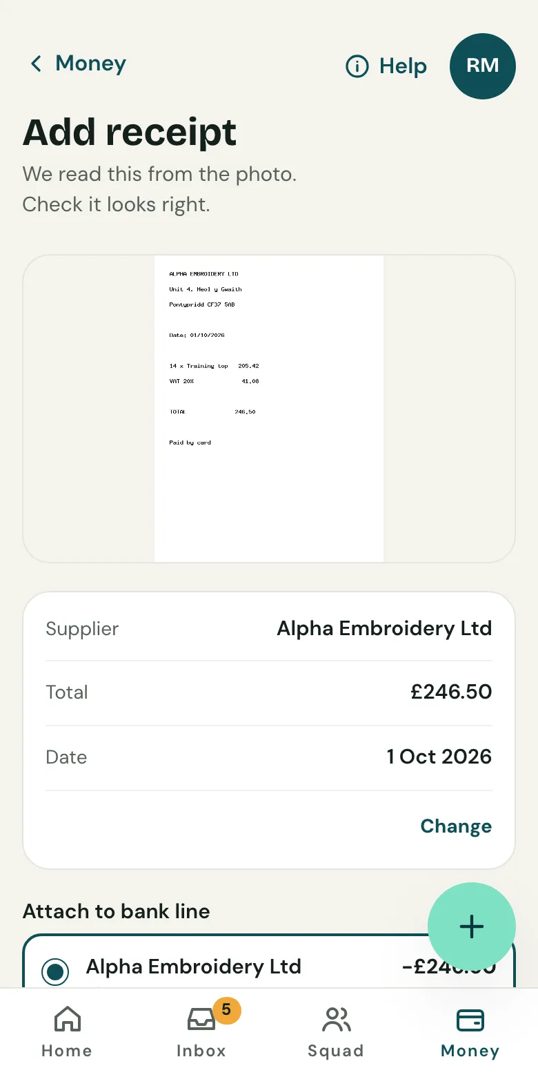 A receipt being checked on a phone: the supplier, total and date read from the photo, and the bank line it matches best.