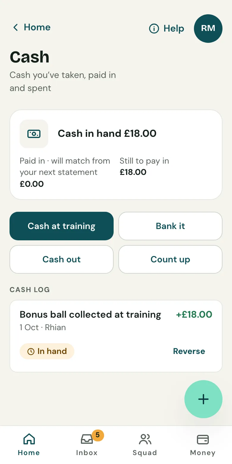 The Cash page on a phone: £18.00 cash in hand, with Cash at training, Bank it, Cash out and Count up.