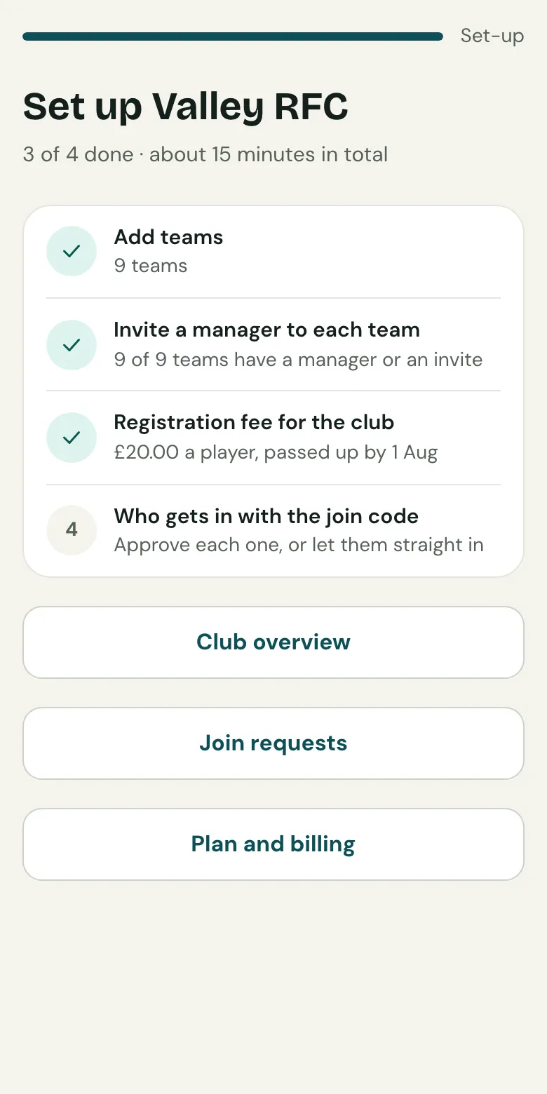 The club's set-up checklist on a phone: teams, managers, the registration fee and the join code, then Club overview.