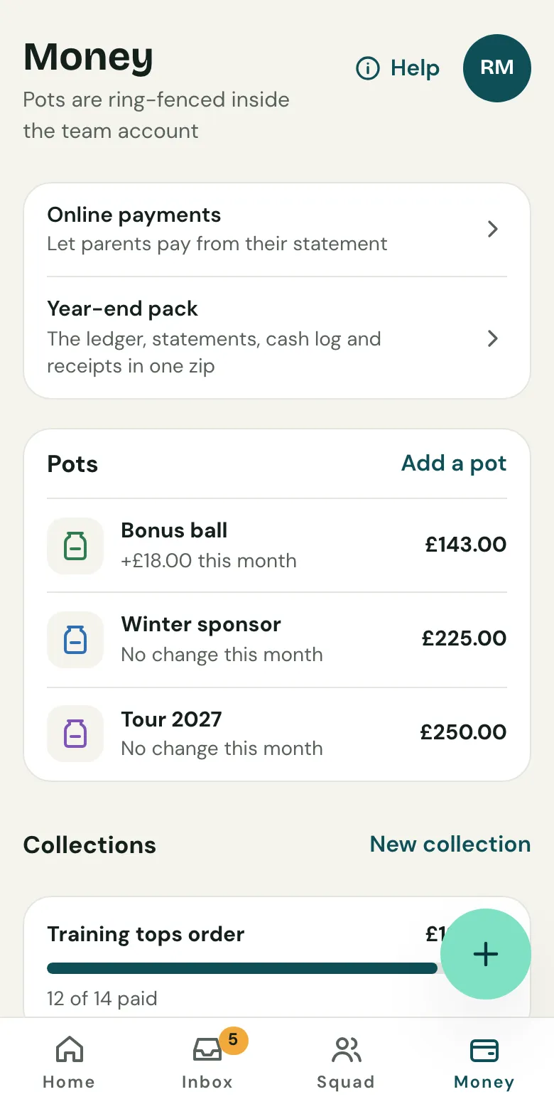 The Money page on a phone, with Online payments and Year-end pack at the top, then the team’s pots.