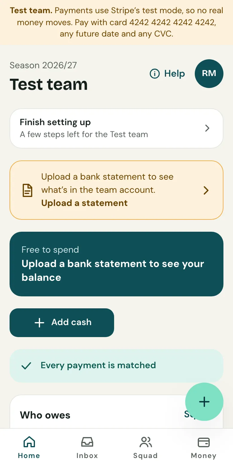 A test team's home on a phone, with the banner saying payments use Stripe's test mode.