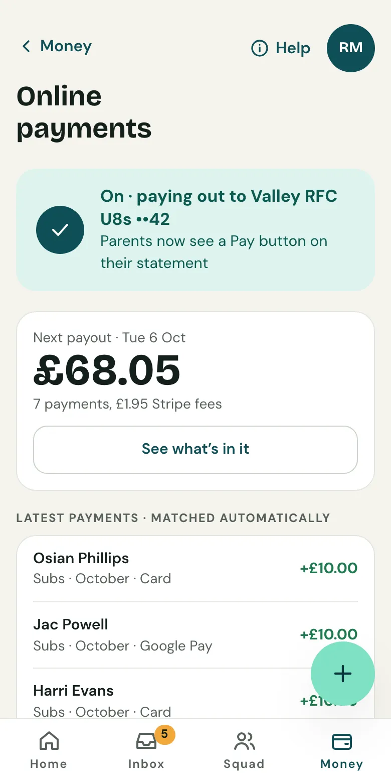 Online payments on a phone, switched on and paying out to the team account, with the next payout of £68.05 and the latest payments matched automatically.