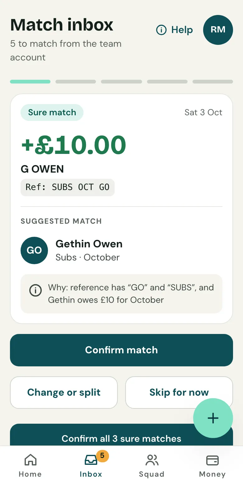 The Match inbox on a phone, suggesting £10 from G OWEN is Gethin Owen’s October subs, with Confirm match, Change or split and Skip for now.