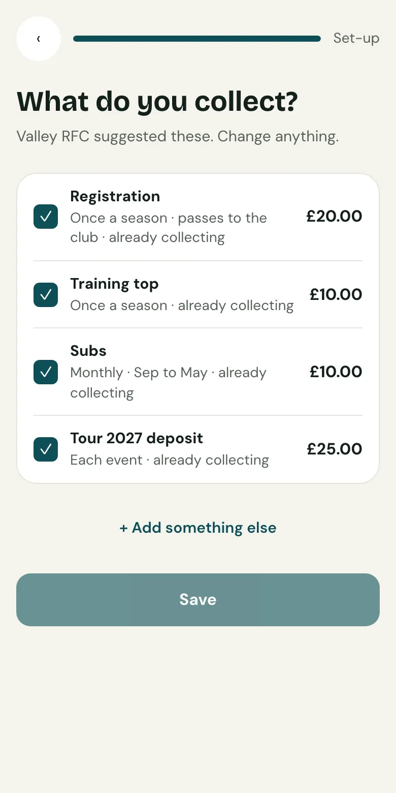 Choosing what a team collects on a phone: subs each month, registration once a season and a training top.