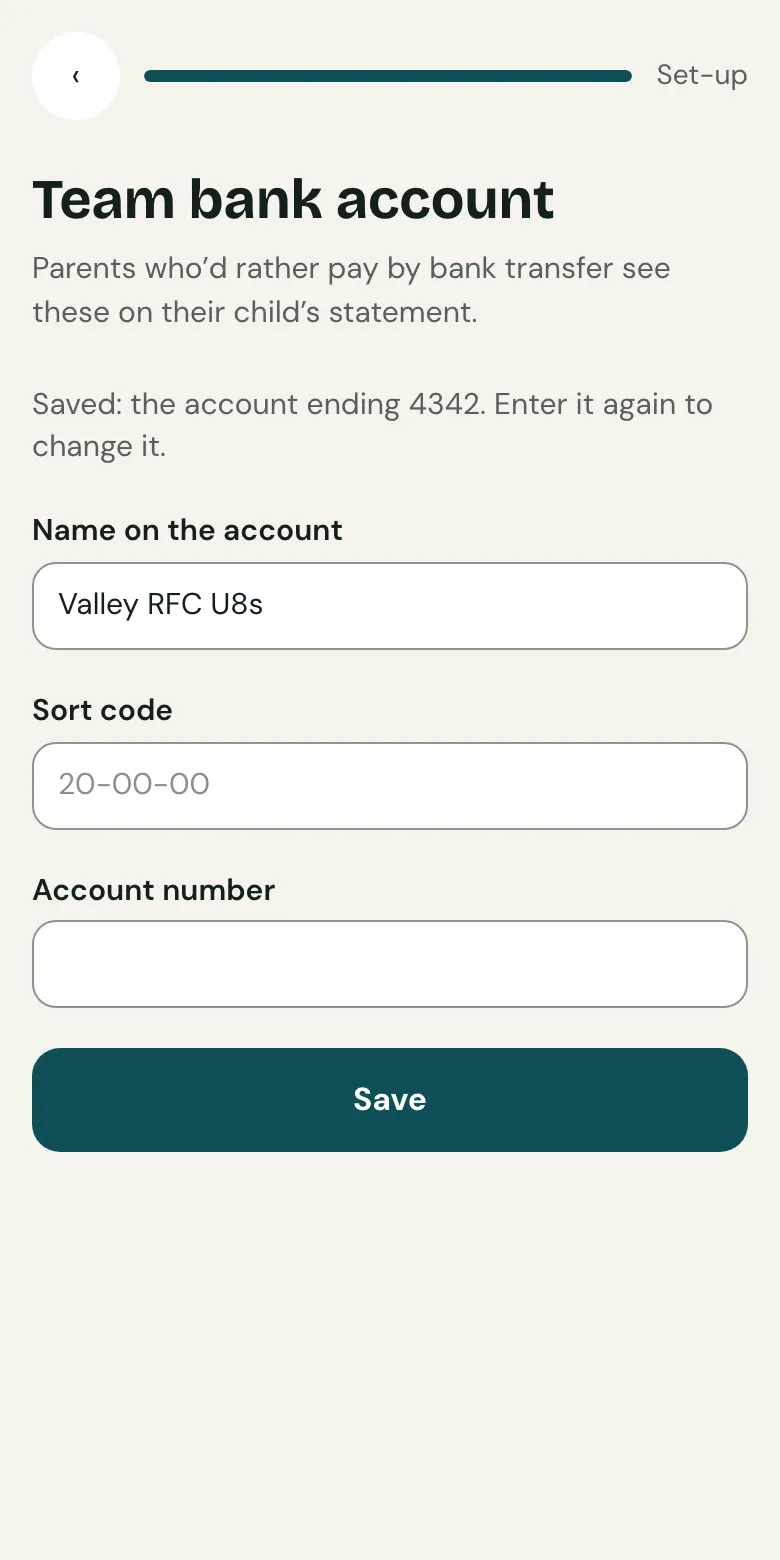 The team bank account form on a phone: name on the account, sort code and account number.